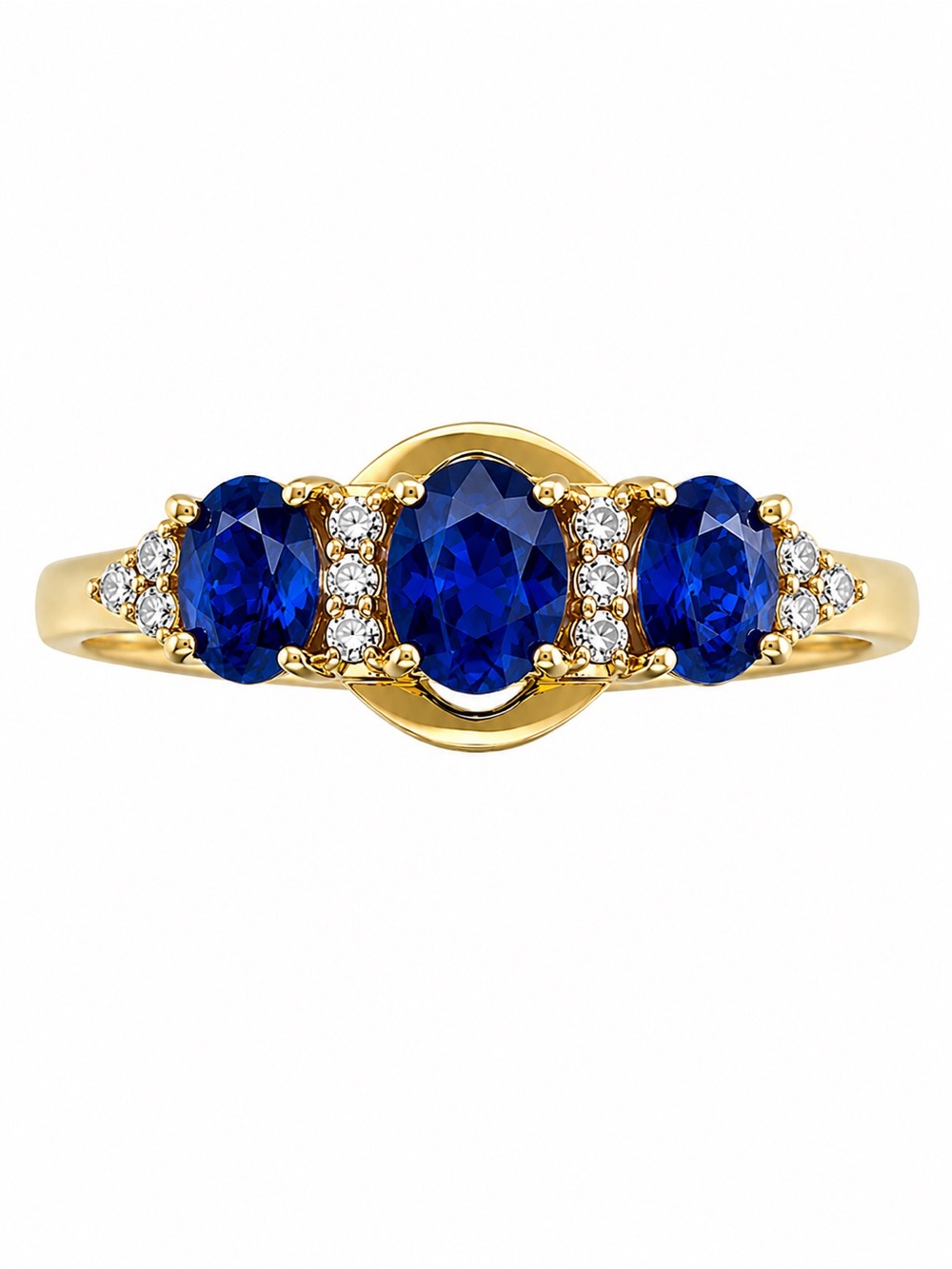 10K Yellow Gold Natural Sapphire Diamond Cocktail Ring Size 5 Three Stone